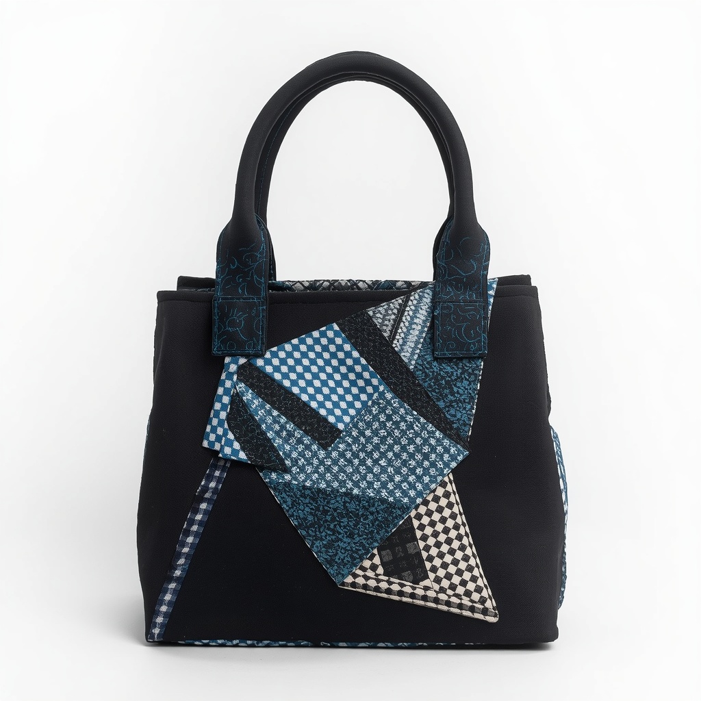 Sac à main upcyclé – "Patchwork Géométrique Noir & Bleu"