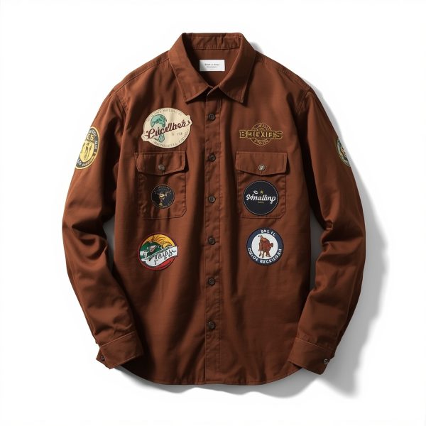 Chemise en toile marron upcyclée – « Collection Patches Vintage »