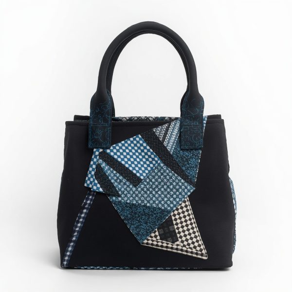 Sac à main upcyclé – « Patchwork Géométrique Noir & Bleu »