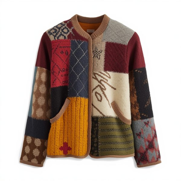 Pull patchwork en laine upcyclée – « Mosaïque Colorée »